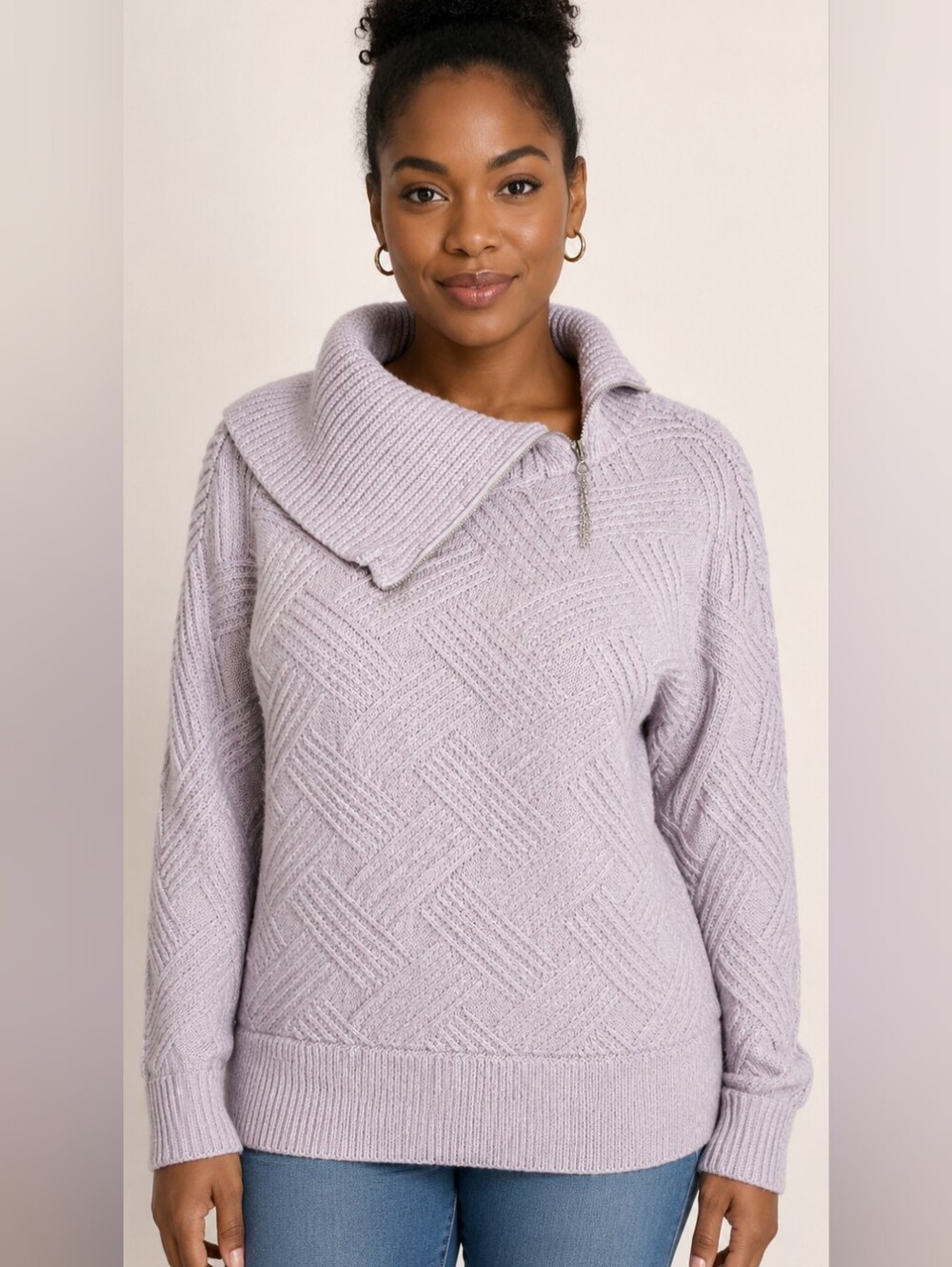 White House Black Market Cowl Neck Sweater Textured Knit Zip Pullover Dramatic